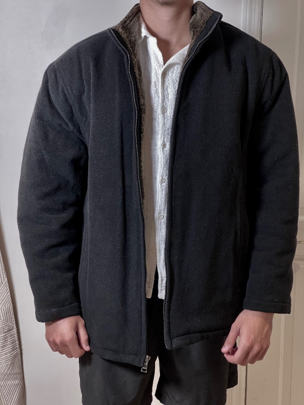 Marc New York black wool cashmere faux fur collar winter car coat jacket men XL